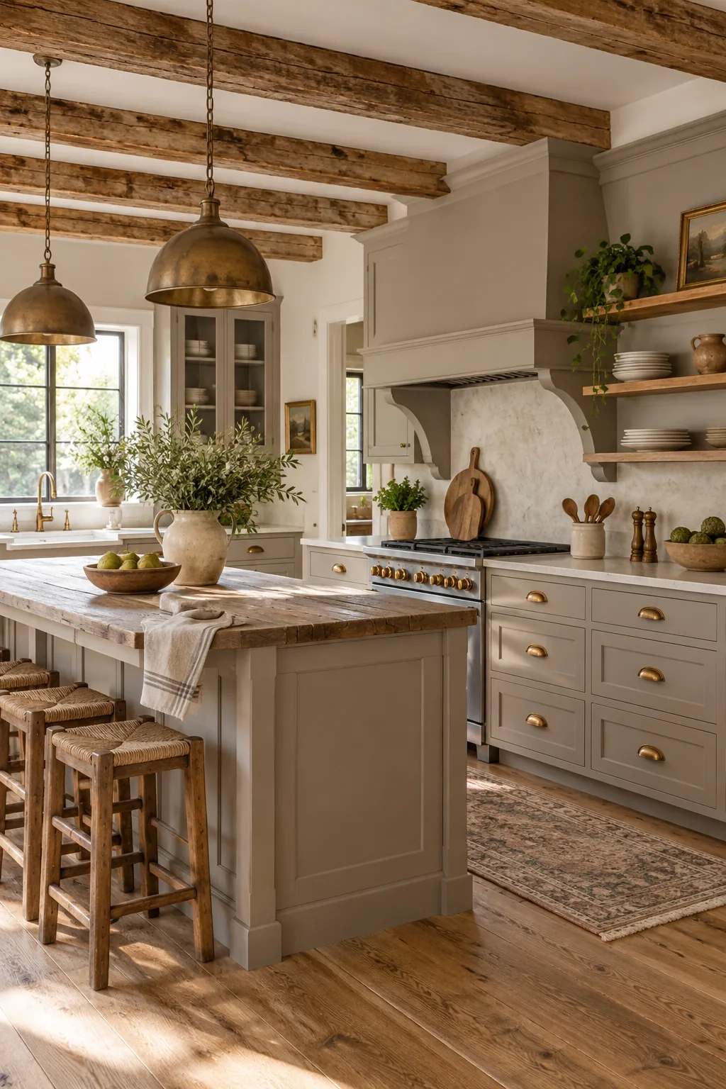 Rustic farmhouse kitchen with mushroom gray shaker cabinets and aged brass cup pulls.