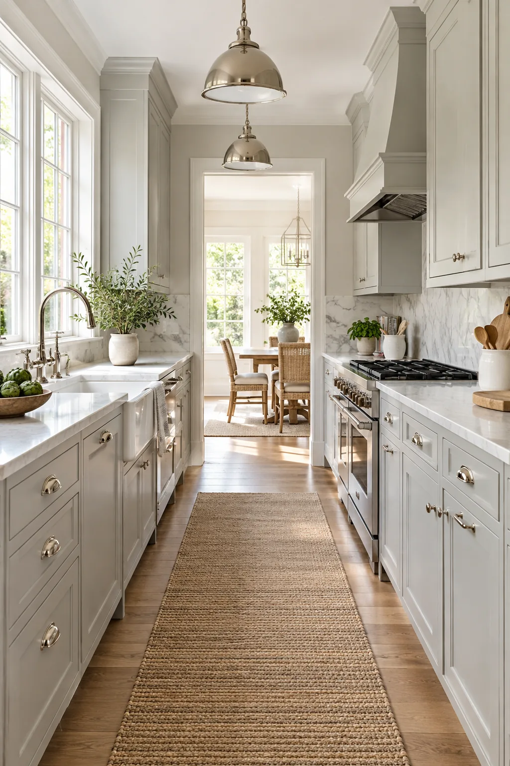 Transitional galley kitchen with pale dove gray cabinets and polished nickel hardware.