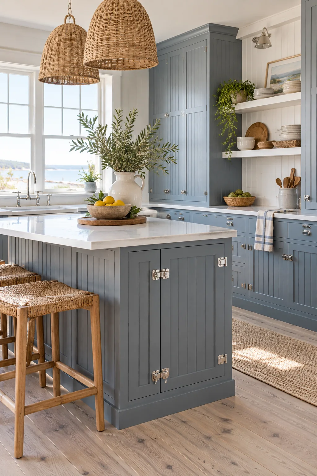 Coastal cottage kitchen with slate blue-gray beadboard cabinets and polished chrome latches.