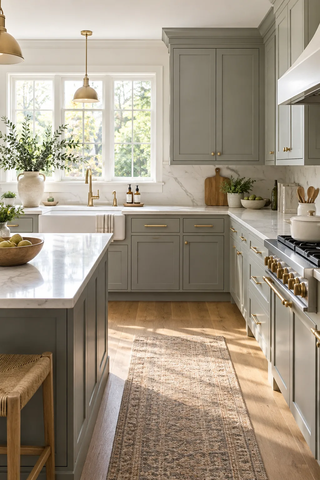 Natural light reflecting off the satin finish of a painted gray kitchen cabinet door.