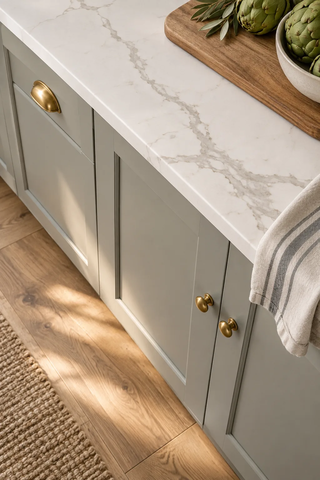White quartz countertop with warm gray veining sitting directly above a matching gray painted base cabinet.