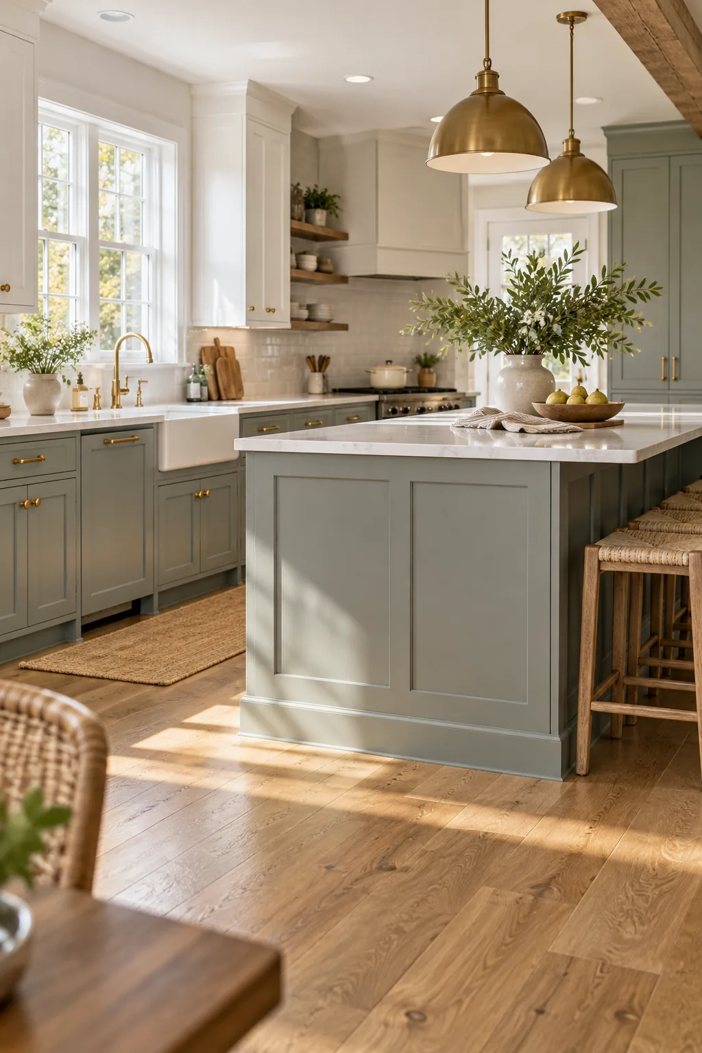 Warm oak hardwood flooring meeting the baseboard of a cool gray painted kitchen island.