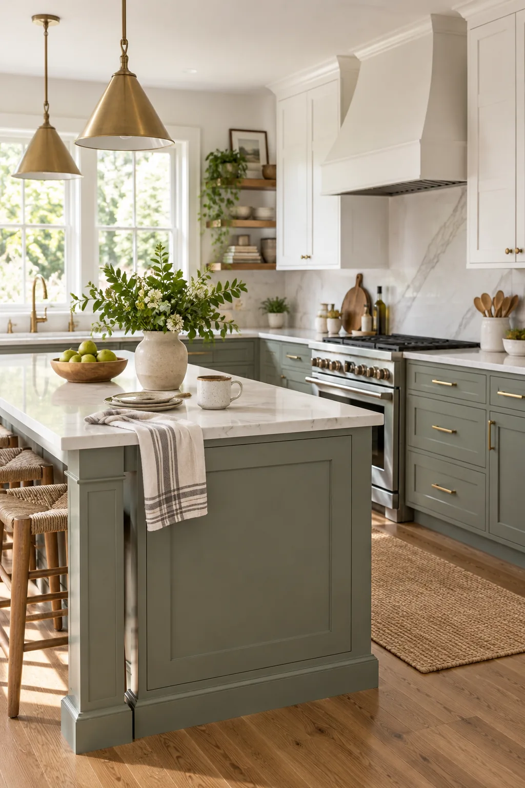 A bright, fully finished kitchen featuring green-gray lower cabinets, white uppers, and brass hardware.