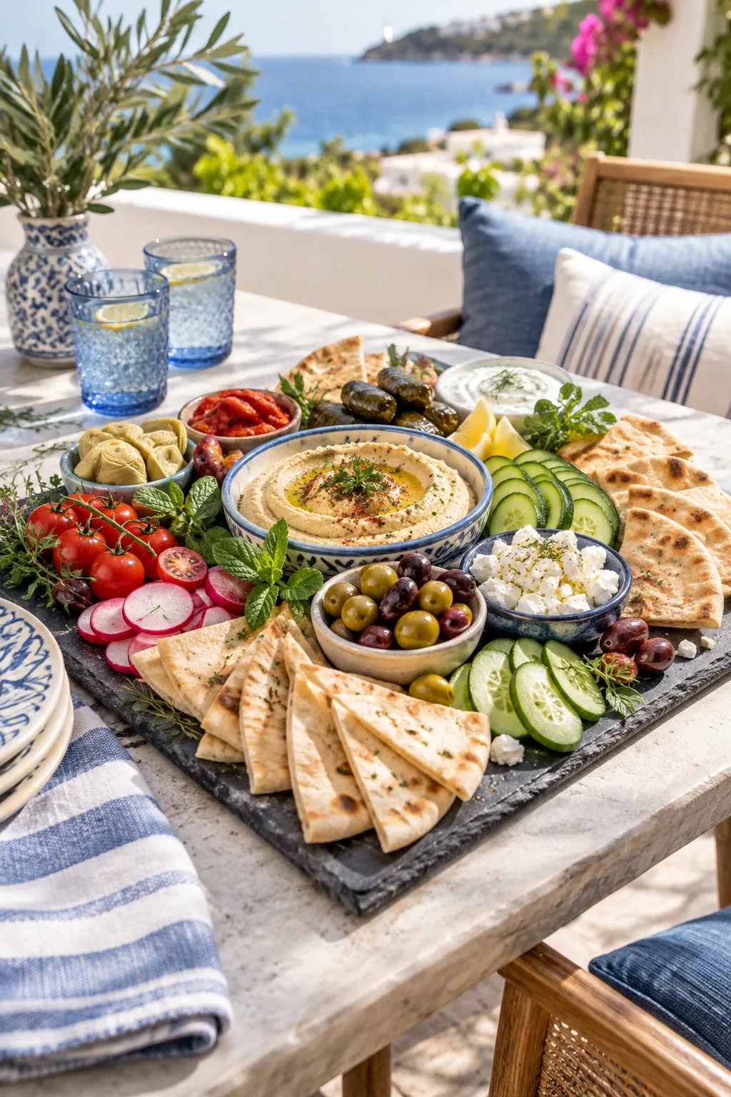 Slate grazing board filled with feta, hummus, pita bread, and cucumbers on a sunny patio.