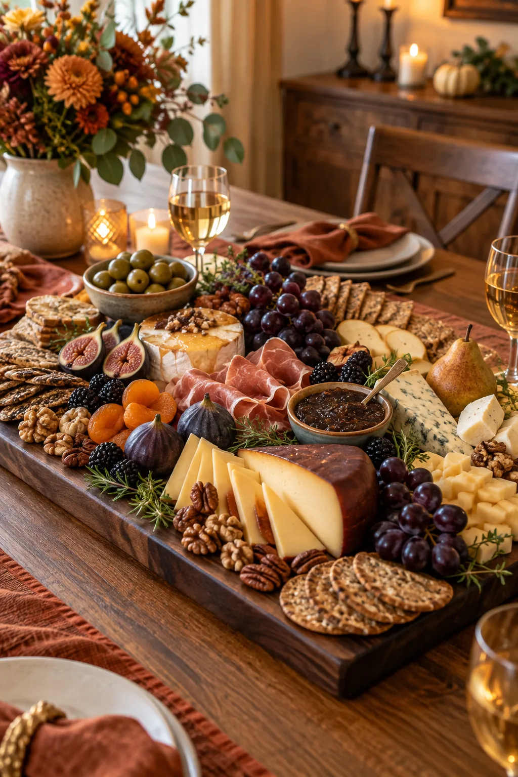 Dark walnut board with smoked gouda, dark grapes, and fig jam in a cozy dining room.