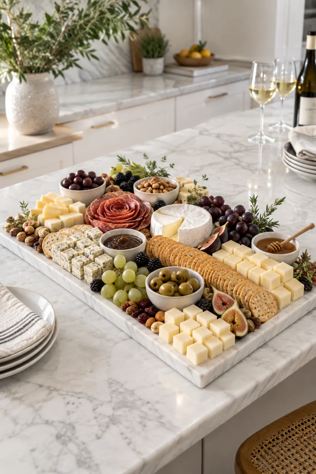 White marble slab with geometric cheese cubes and precise rows of crackers in a modern kitchen.