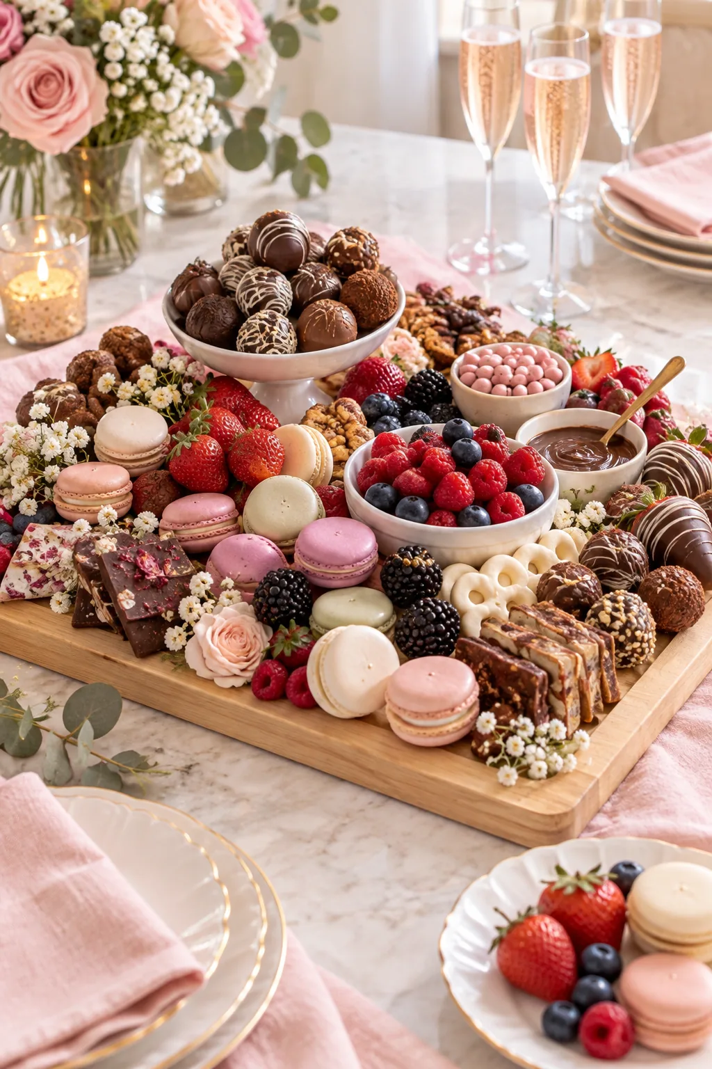 Light maple board covered in chocolate truffles, macarons, and fresh berries for a bridal shower.