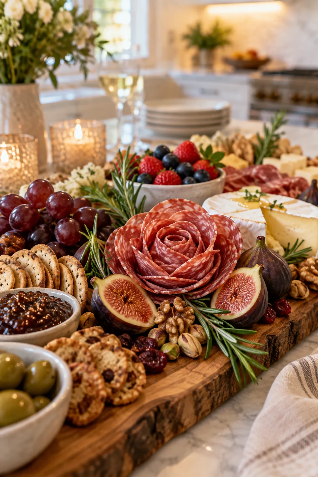 Small rustic bowl filled with green olives, surrounded by tightly packed nuts and a cheese block on a wooden board.