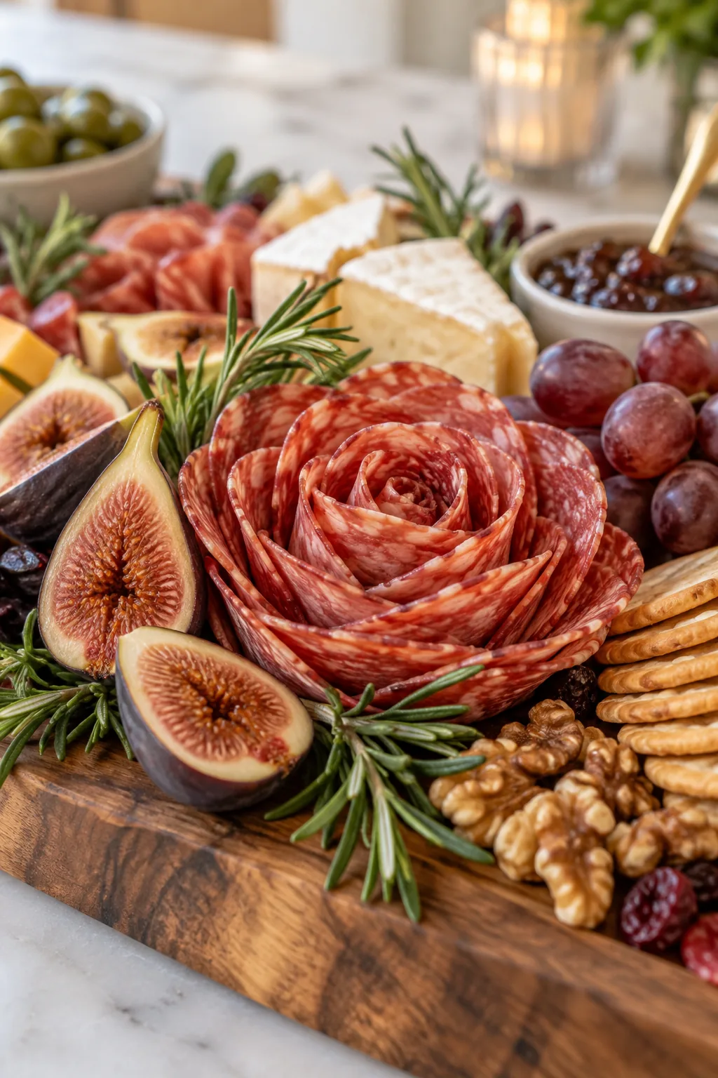 Tightly folded salami slices forming a rose shape next to fresh figs and rosemary on a charcuterie board.