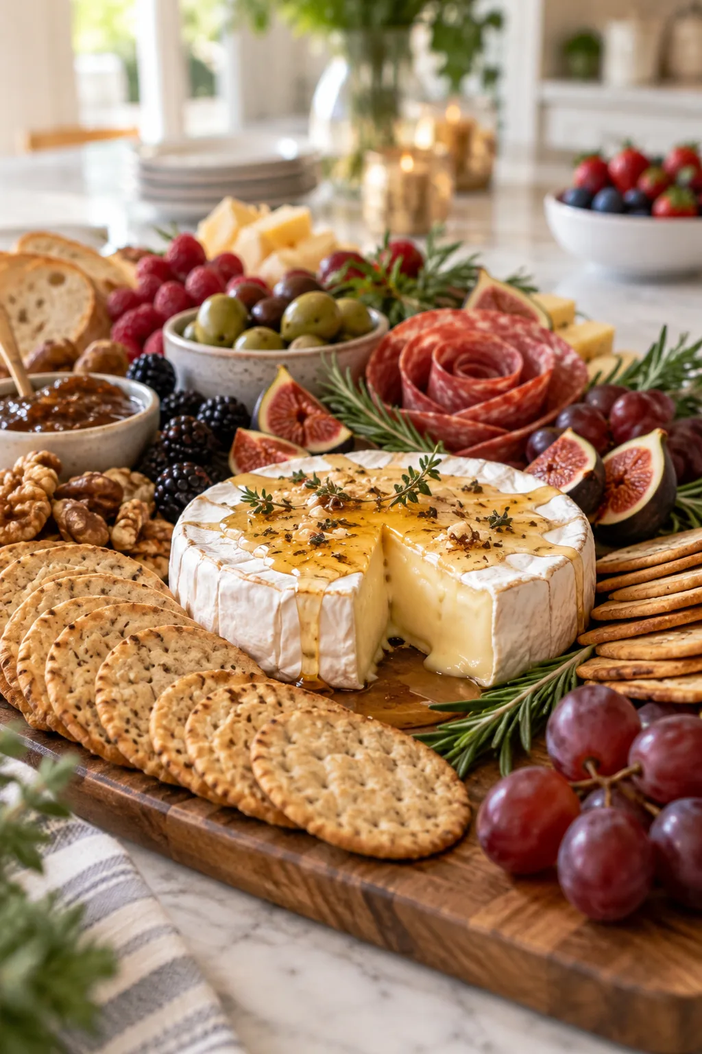 Wheel of brie cheese with one wedge removed and honey drizzled over the top, surrounded by crackers and nuts.