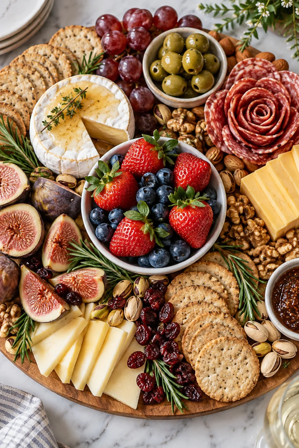 Small white bowl overflowing with strawberries and blueberries, acting as a barrier between wet cut figs and dry crackers.