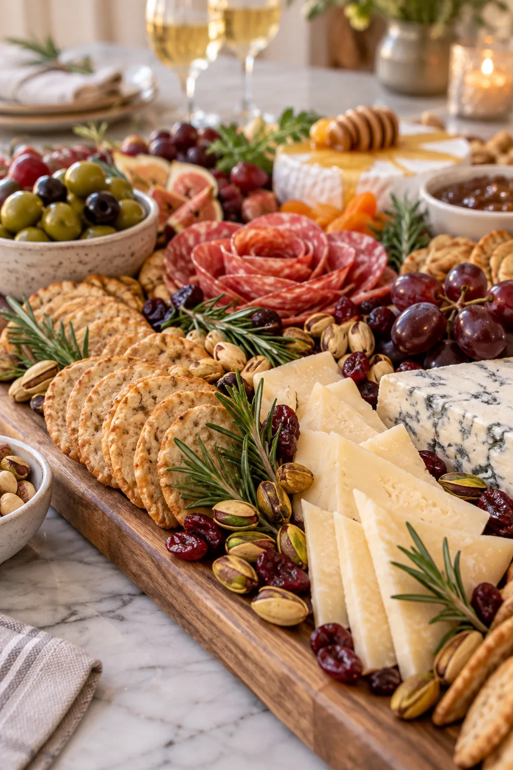Small gaps between crackers and cheese filled tightly with fresh rosemary sprigs, pistachios, and dried cranberries.