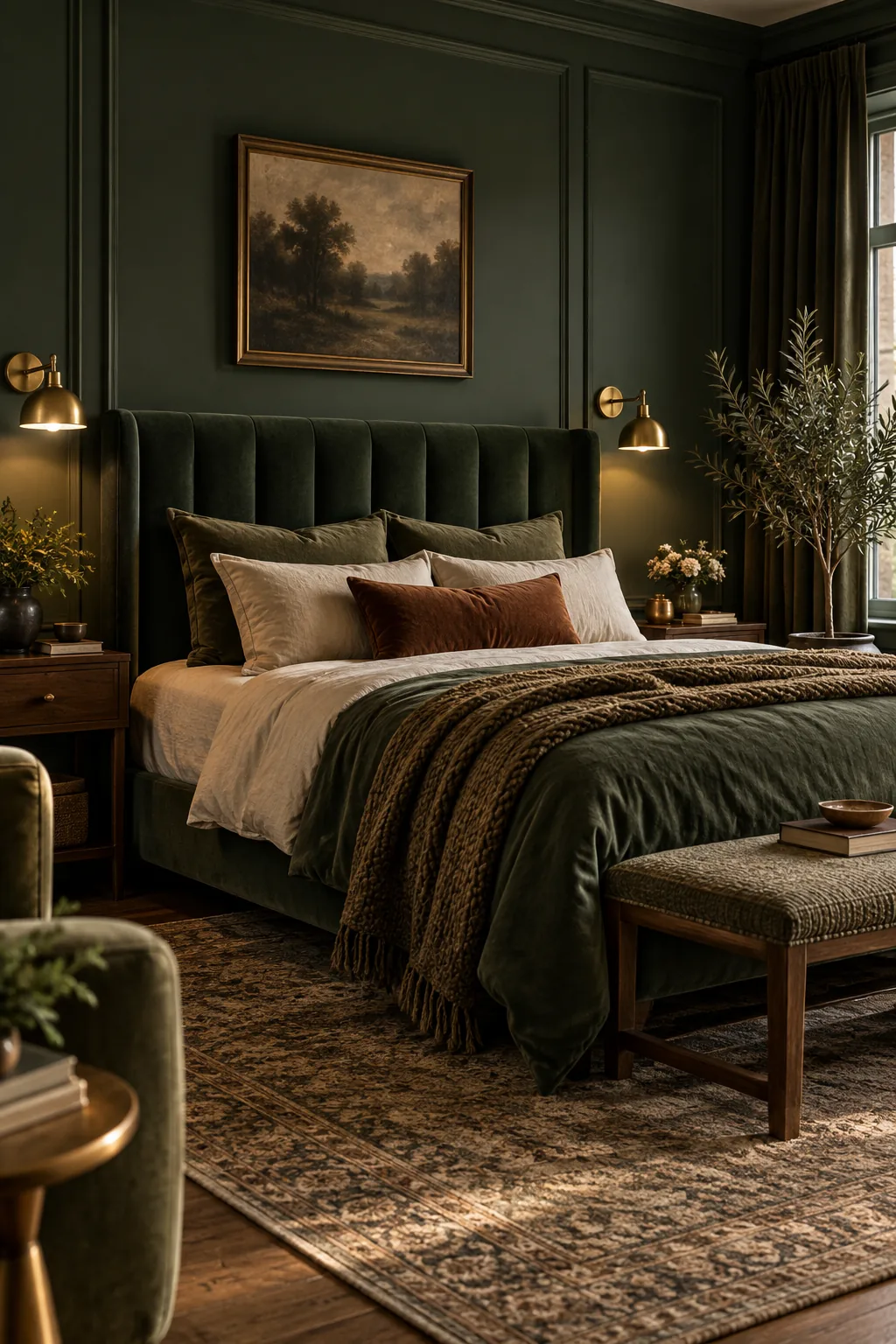 Dark forest green bedroom with a velvet headboard and brass sconces.