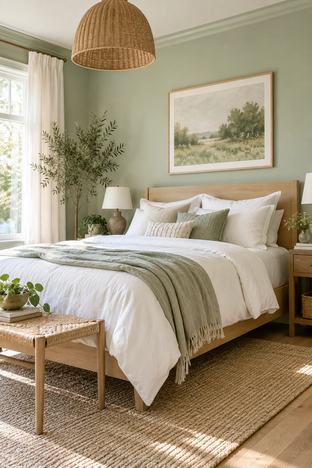 Light mint green bedroom featuring a white oak bed and crisp white cotton bedding.