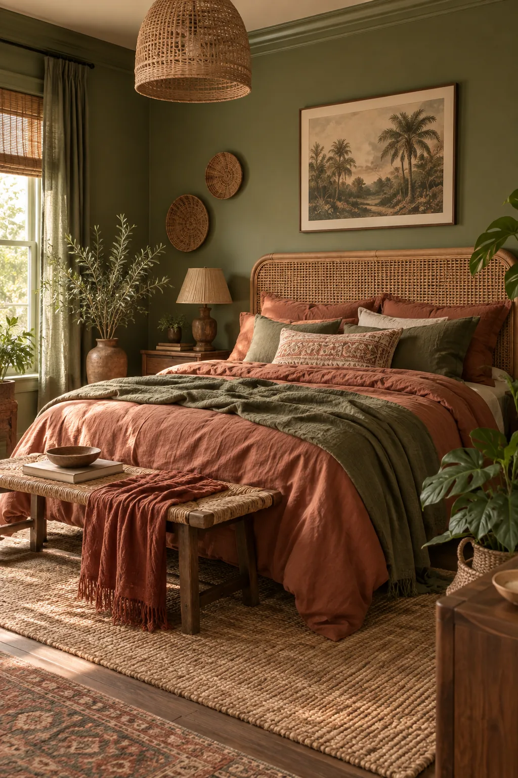 Earthy olive green bedroom with a rattan headboard and terracotta linen sheets.