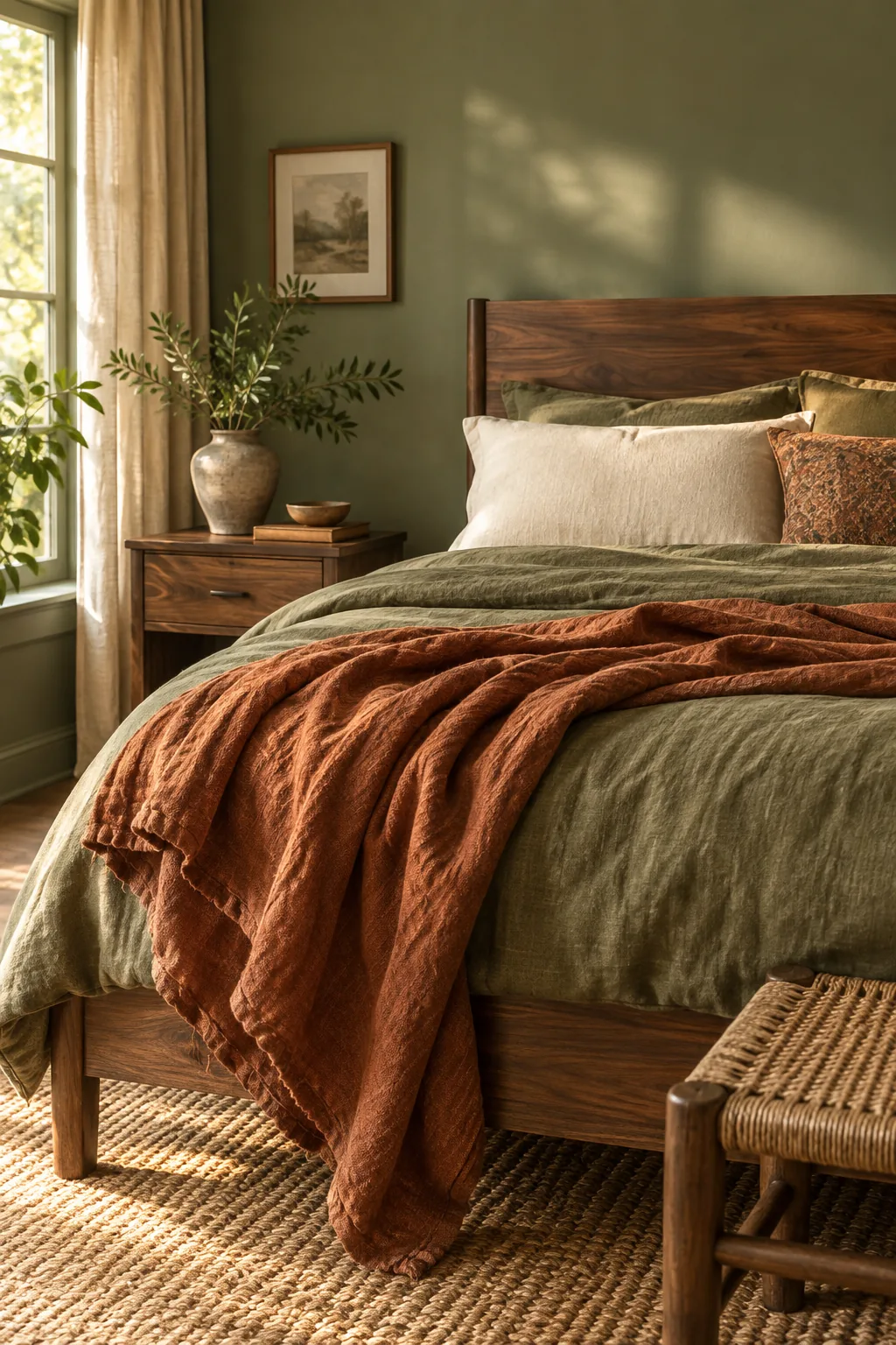 Rich oiled walnut bed frame positioned against a matte sage green wall.