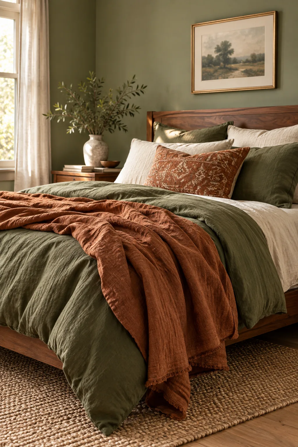Crumpled rust-colored linen throw blanket layered over an olive green duvet.