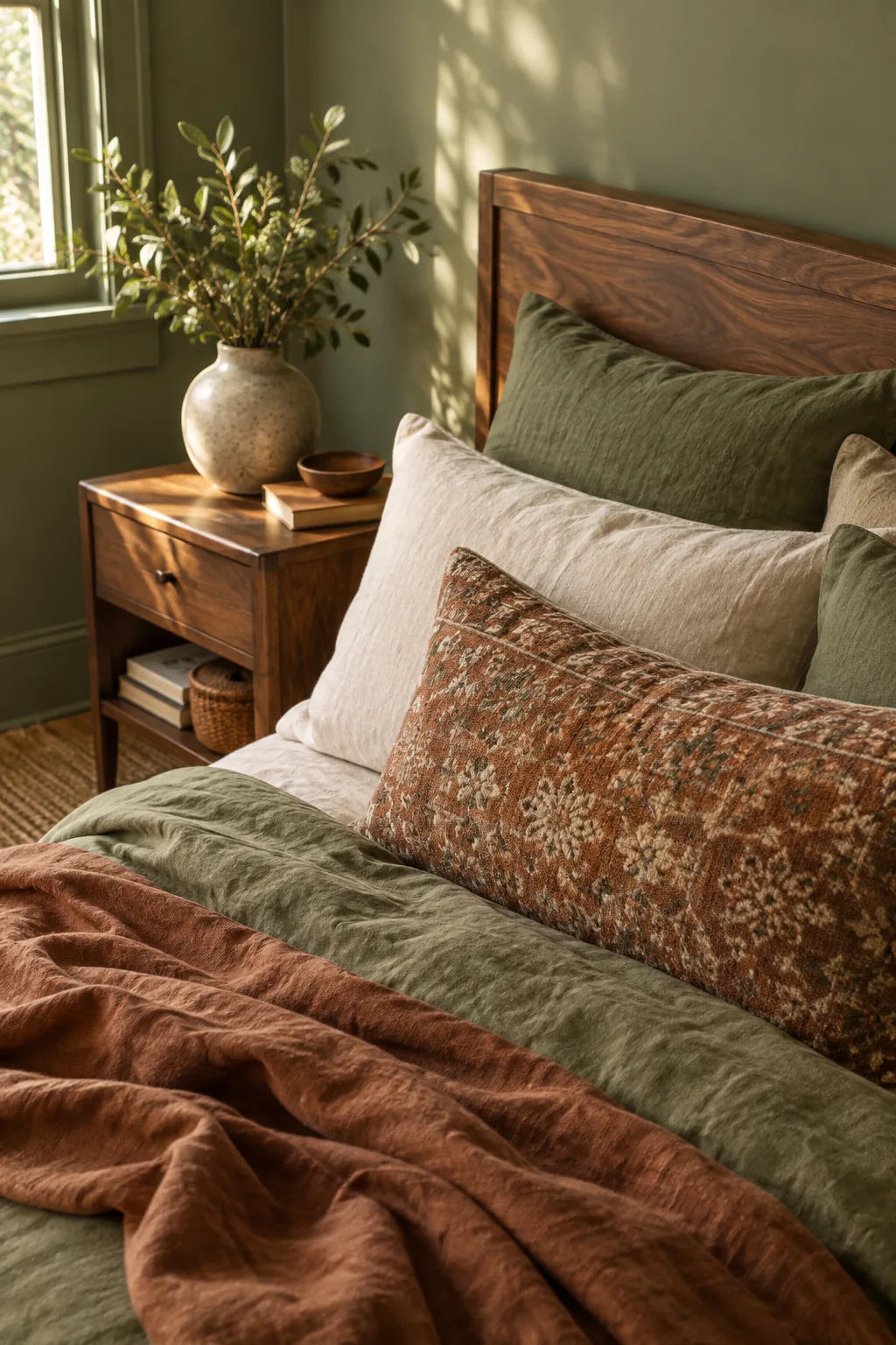 Stack of linen pillows in olive, cream, and patterned rust resting on a wooden bed.
