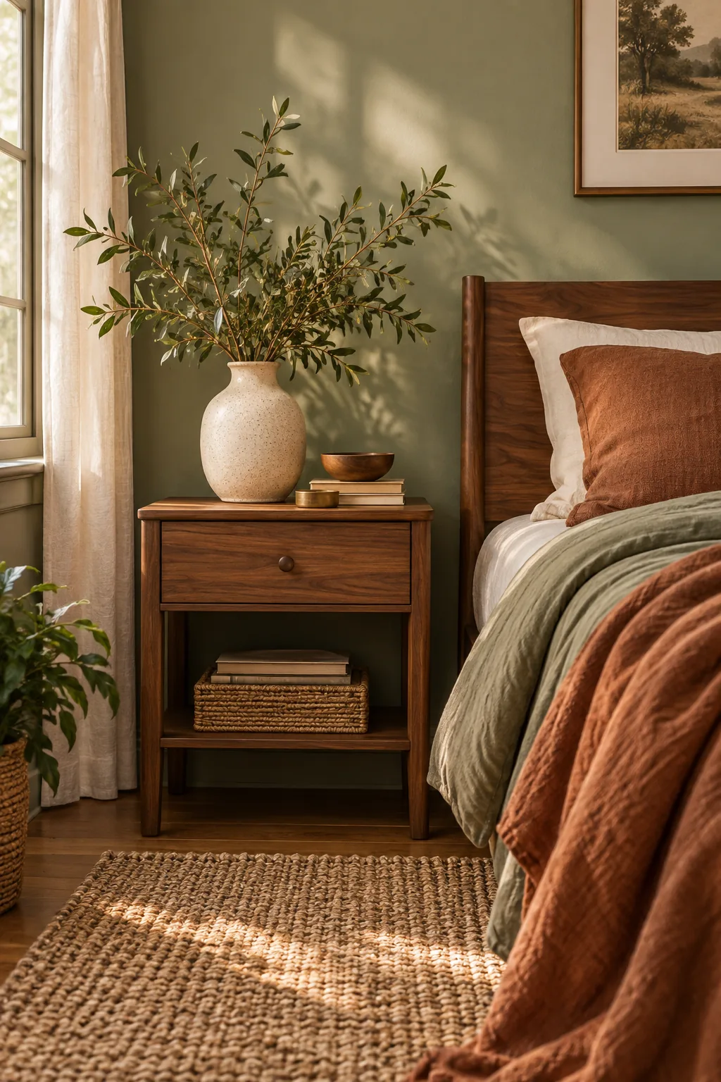 Small wooden nightstand holding a speckled ceramic vase with leafy branches next to a bed.