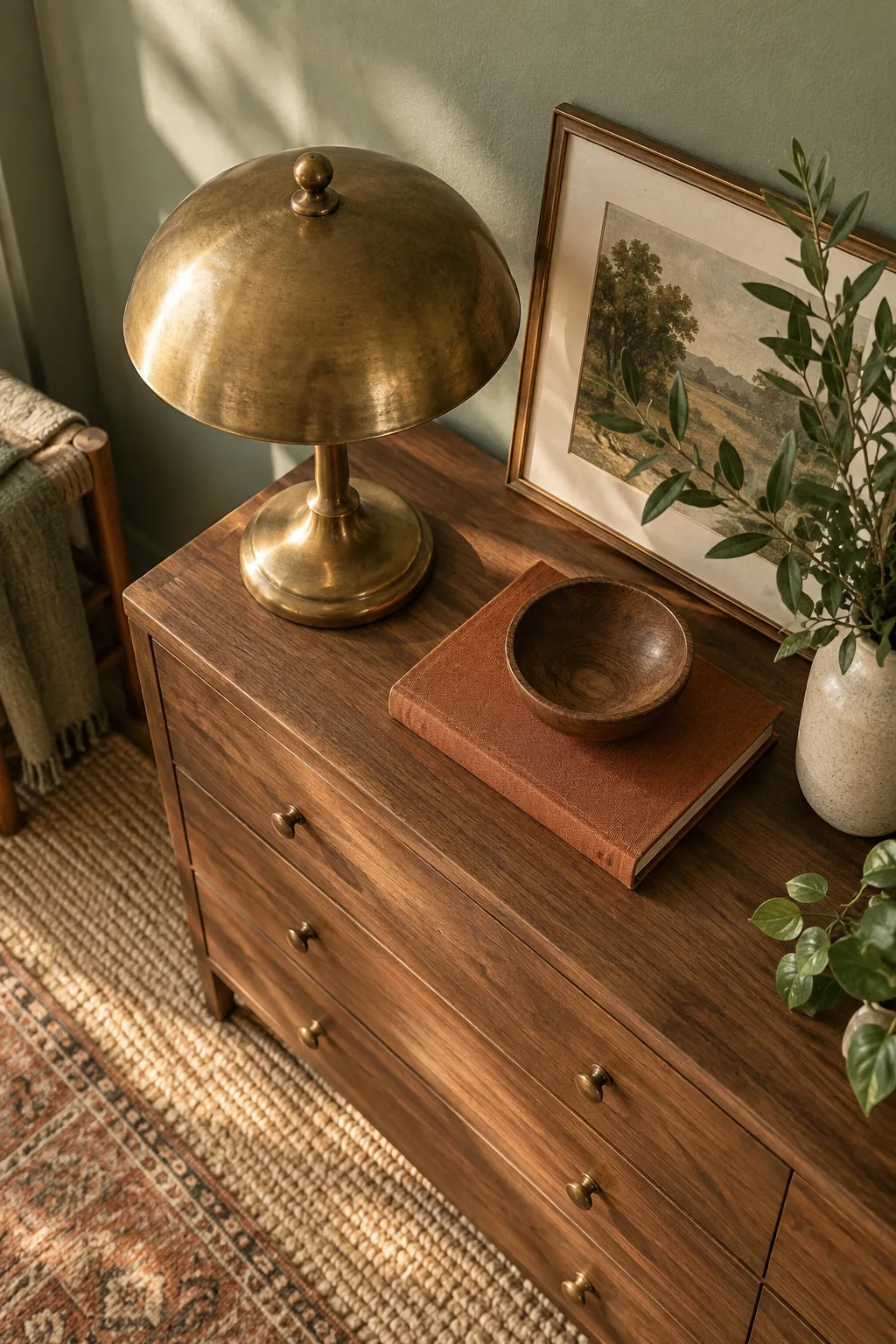 Aged brass lamp and wooden bowl sitting on a dresser against a sage green wall.
