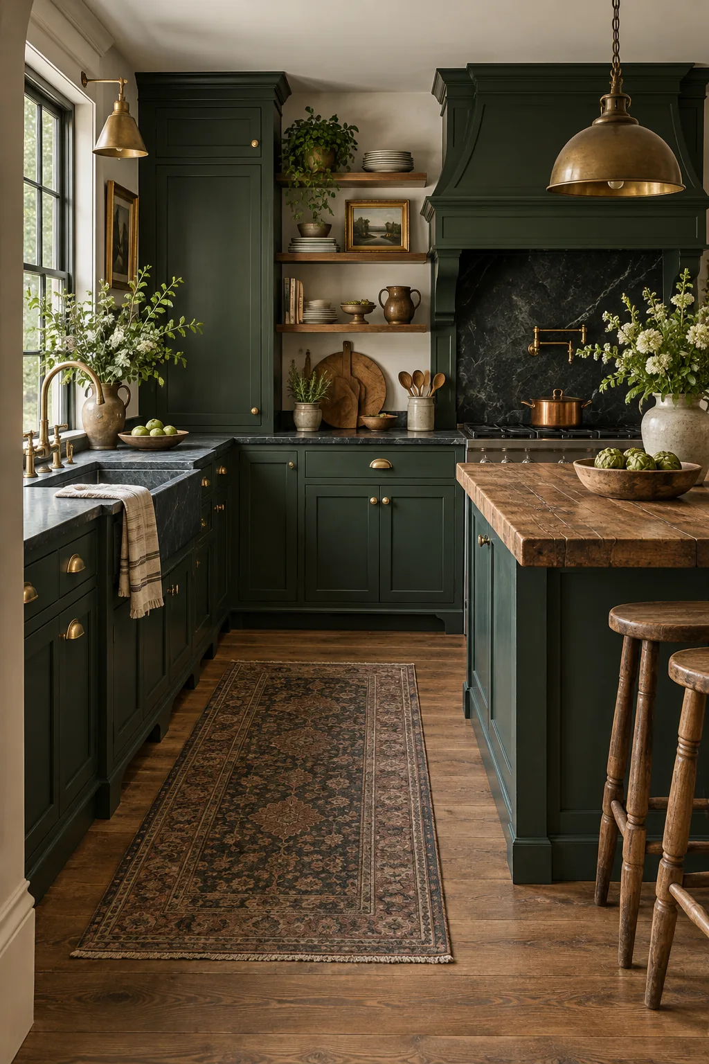 Moody historic kitchen with dark forest green cabinets and dark soapstone countertops.