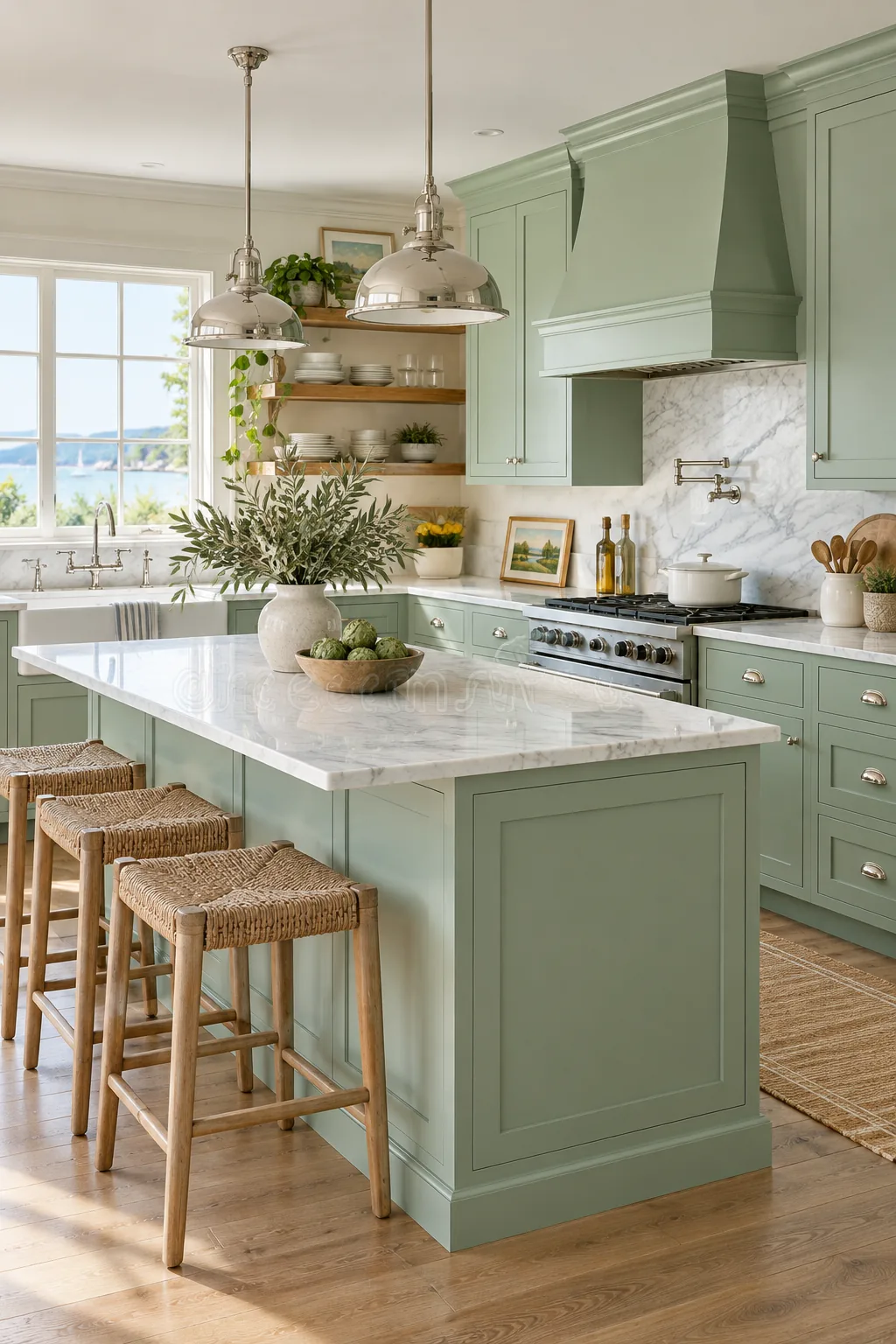 Light and airy coastal kitchen with soft mint green cabinets and white marble countertops.