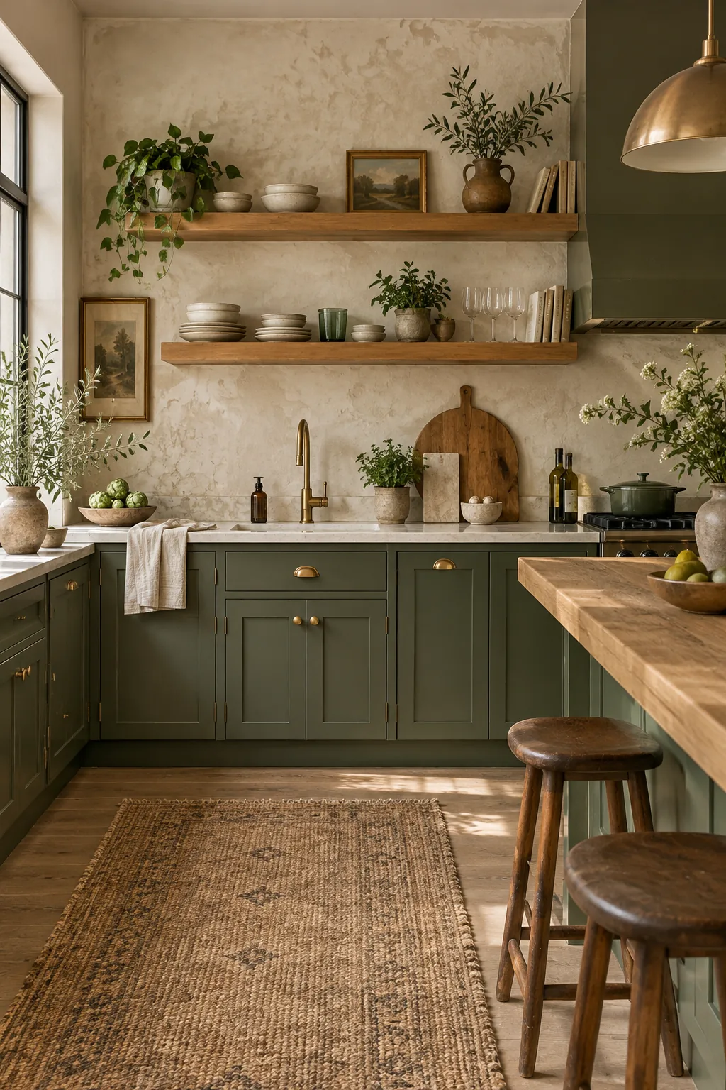 Modern rustic kitchen with warm olive green lower cabinets and raw oak open shelving.