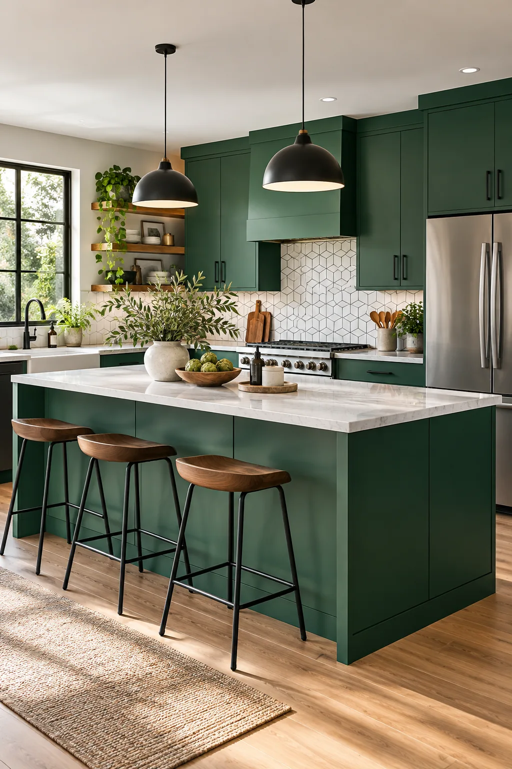 Vibrant modern kitchen with rich emerald green flat-panel cabinets and matte black hardware.