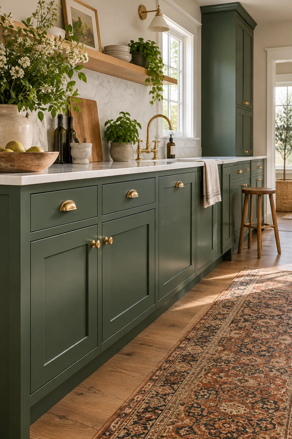 Elevated three-quarter view of a styled kitchen island with deep green shaker panels, focusing on the crisp painted edges.