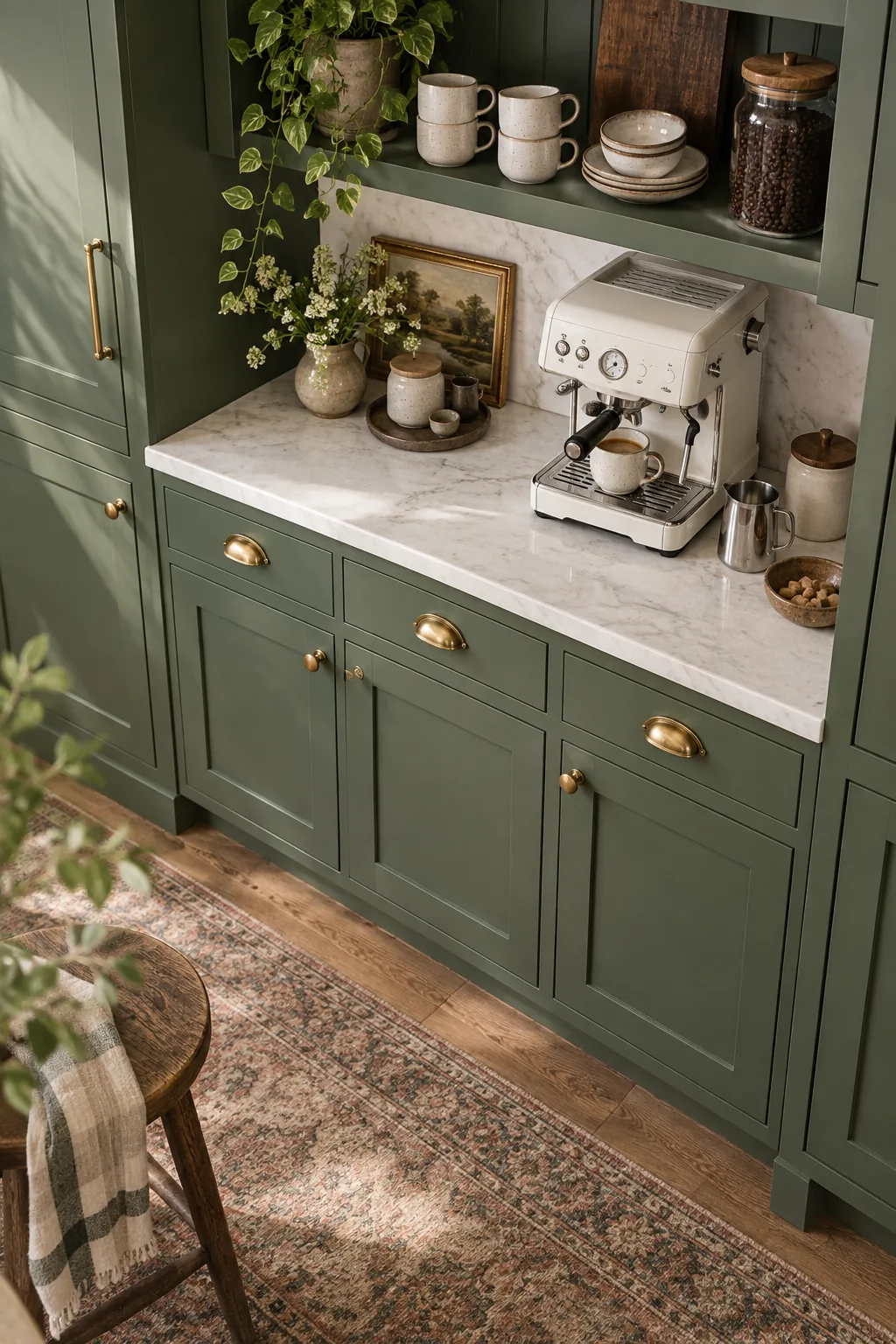 Wide establishing shot of a lower cabinet run showing the rich, opaque depth of the green paint across multiple doors.