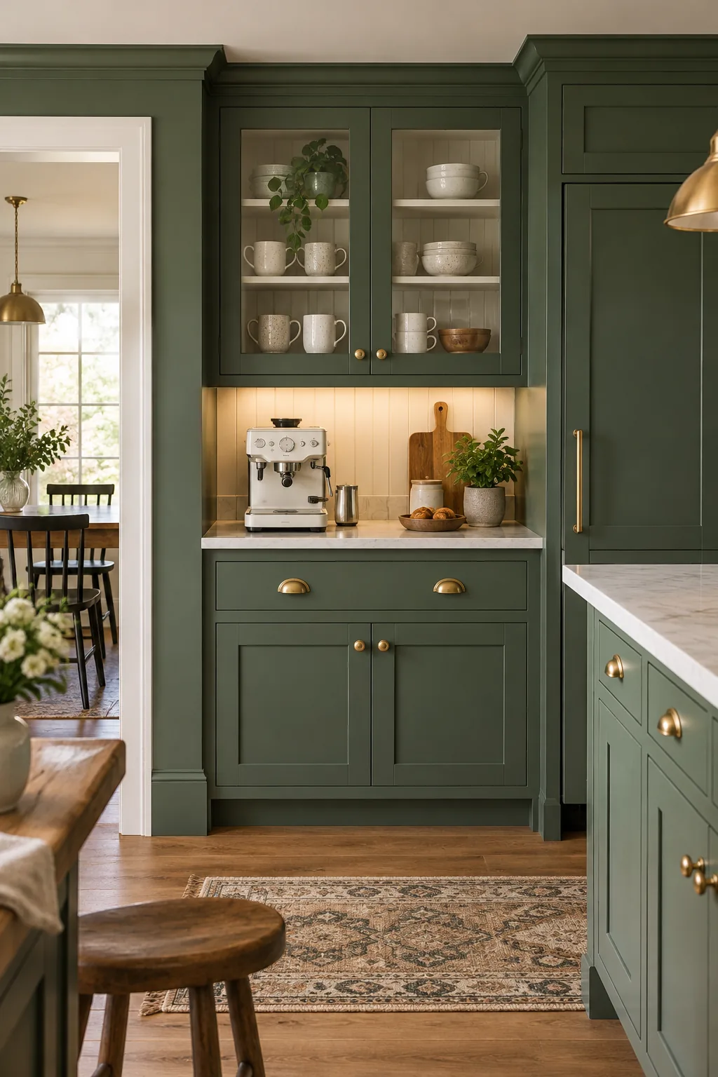 Eye-level view of a beautifully organized coffee station built into finished green cabinets, styled with a white espresso machine.