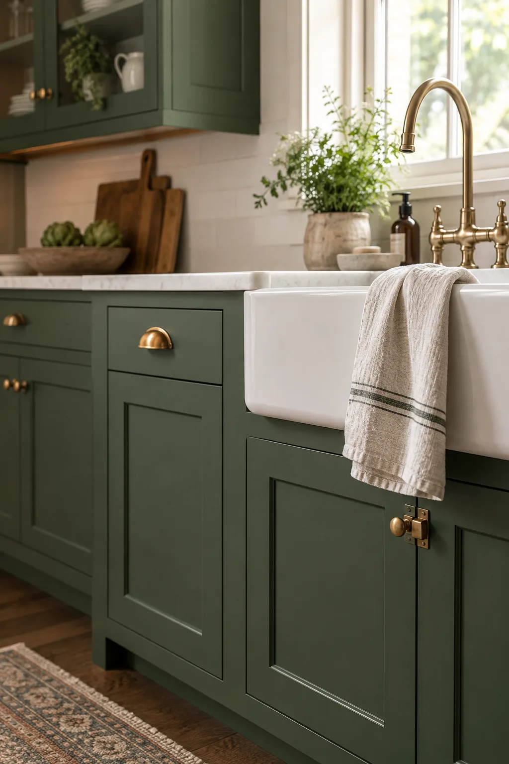 Close-up of a heavy unlacquered brass pull perfectly centered on the sleek green stile of a shaker door.