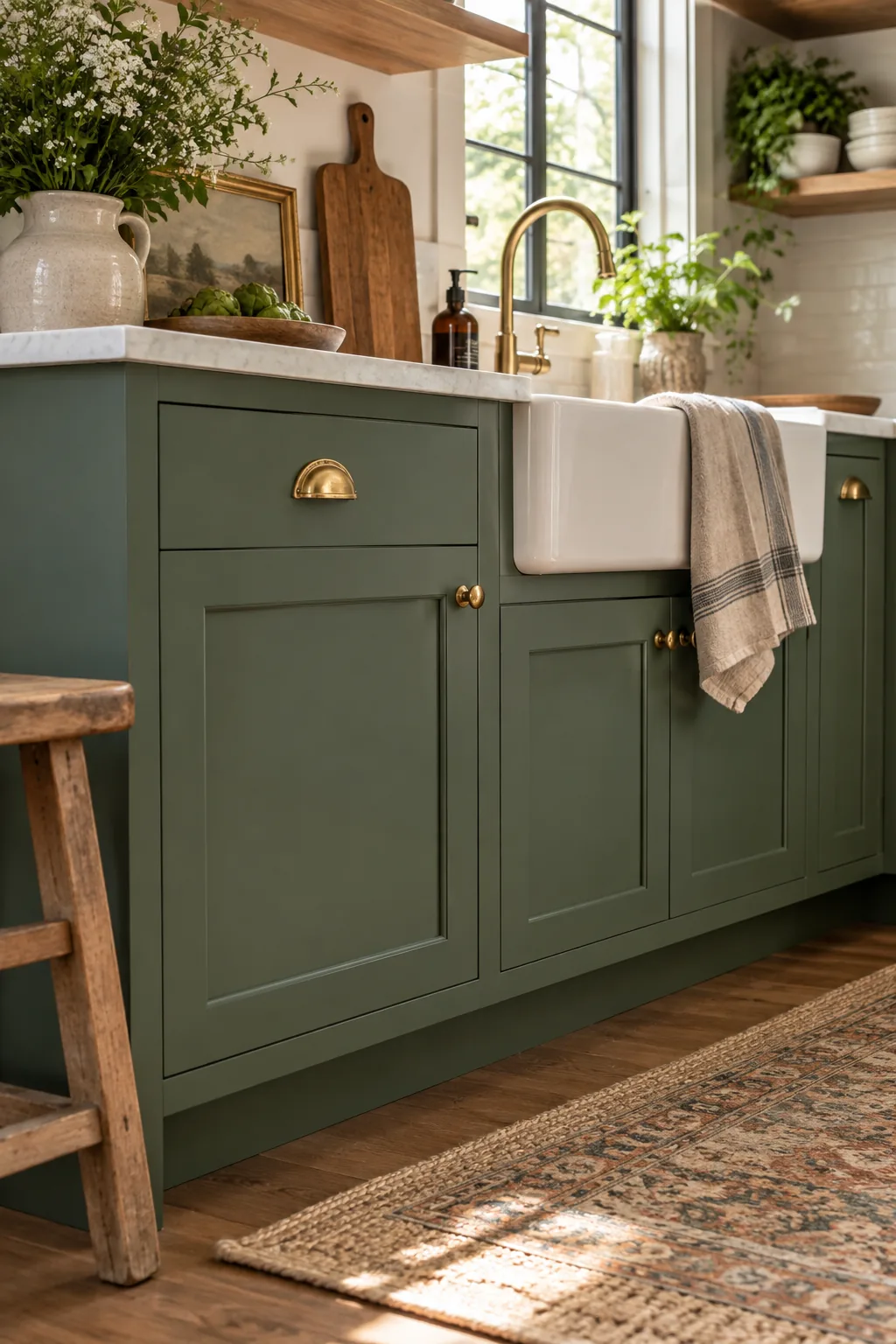 Close-up vignette of a pristine green cabinet door next to a farmhouse sink, styled with a draped linen towel.