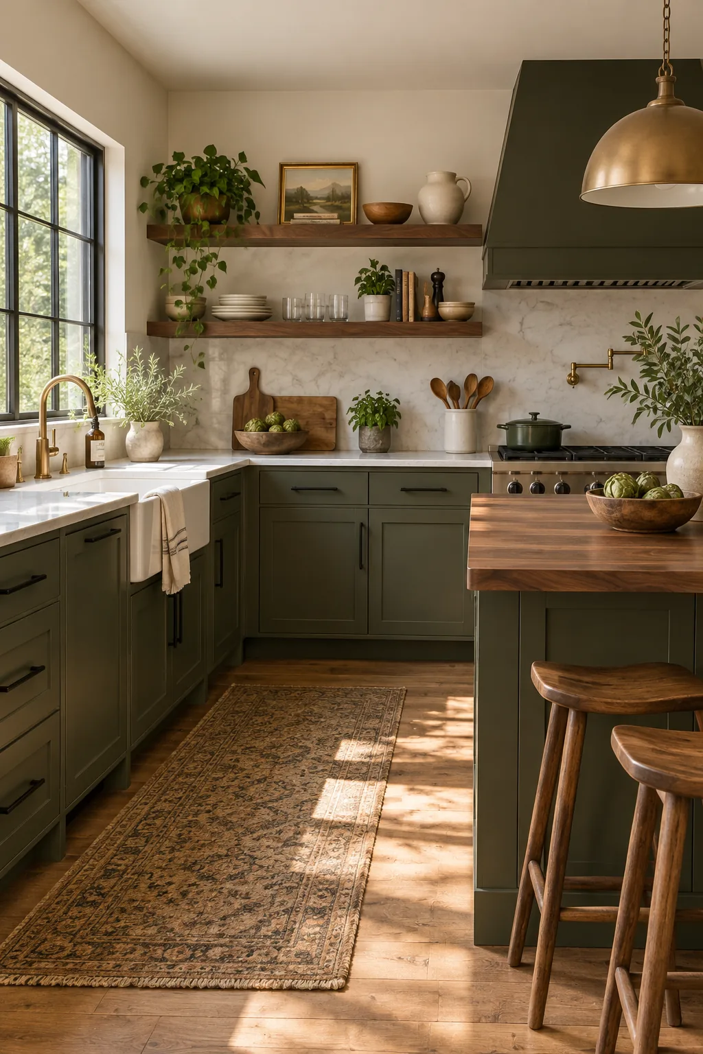 Rustic modern kitchen with dark olive cabinets and matte black hardware.