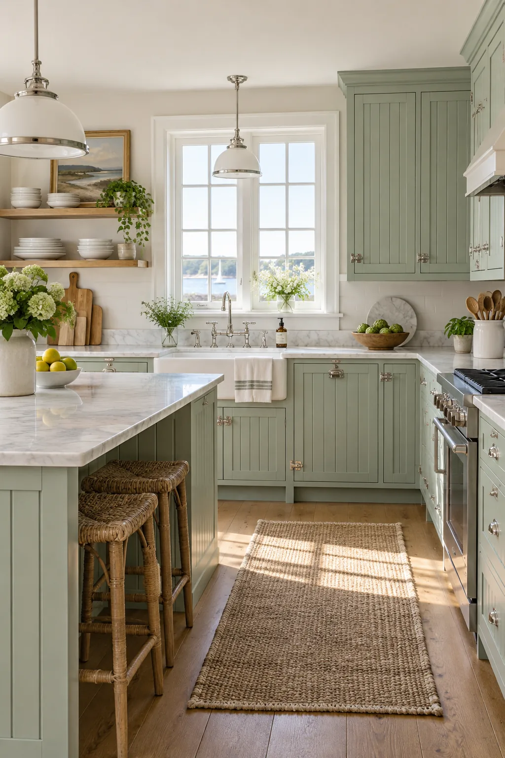 Coastal cottage kitchen with mint green beadboard cabinets and polished nickel latches.