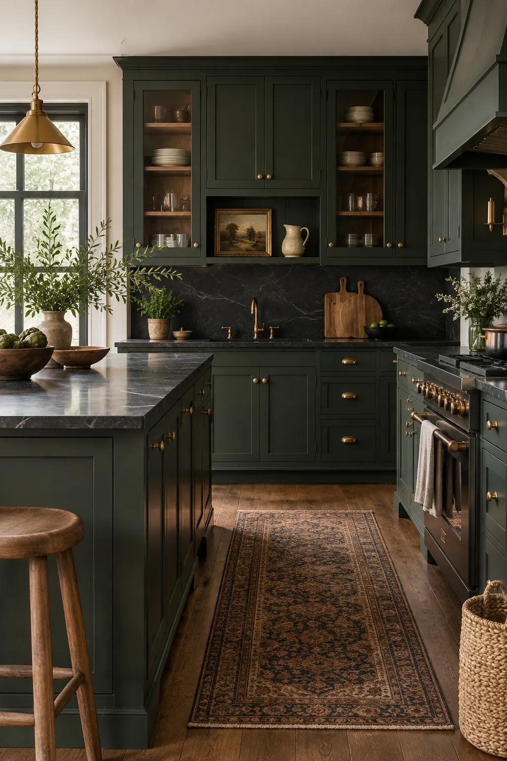 Moody traditional kitchen with forest green cabinets and unlacquered brass knobs.