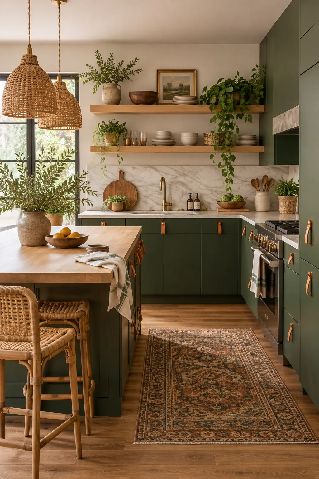 Boho eclectic kitchen with hunter green flat-panel cabinets and tan leather pulls.
