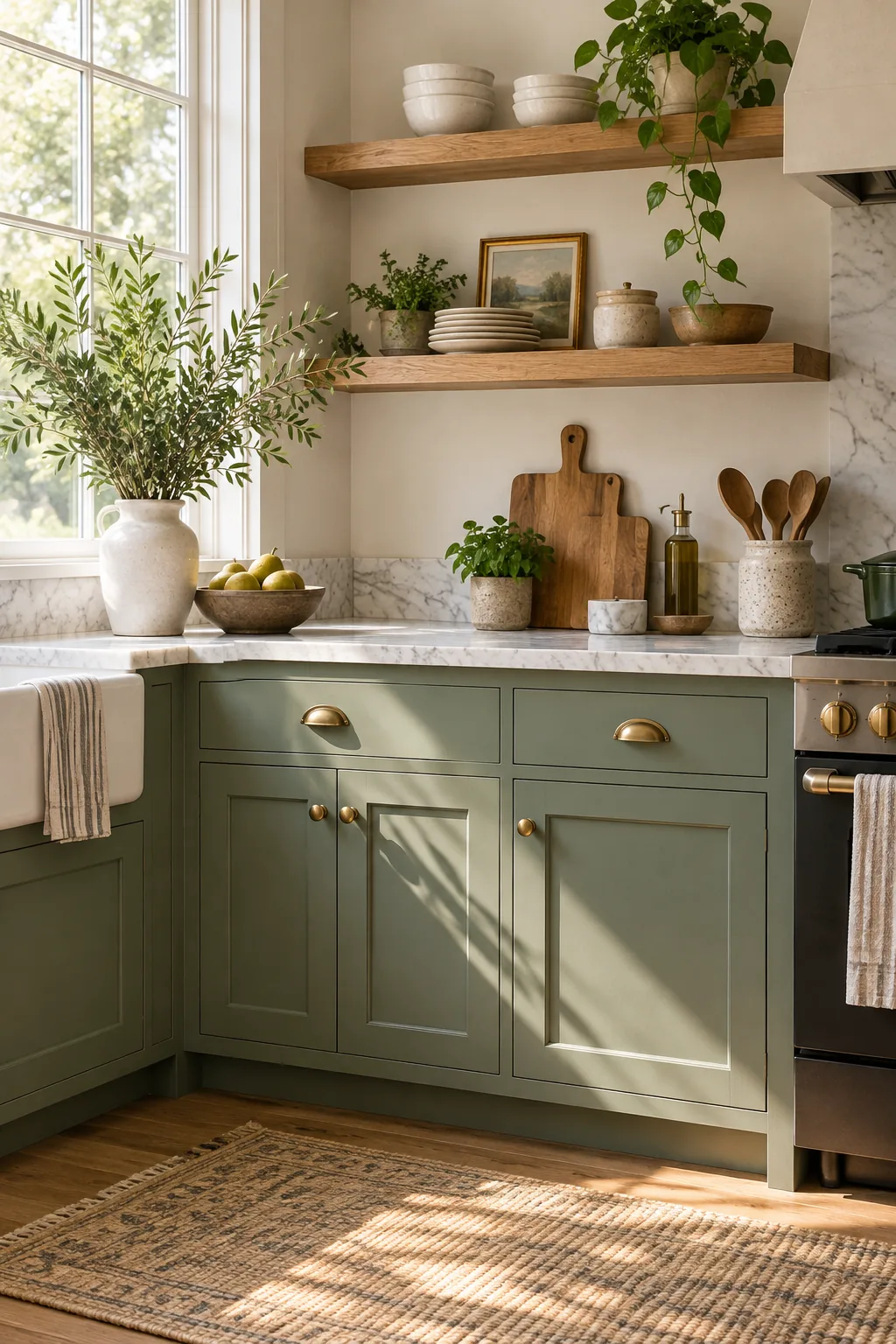 Sage green lower shaker cabinets with brass cup pulls below a white marble countertop.