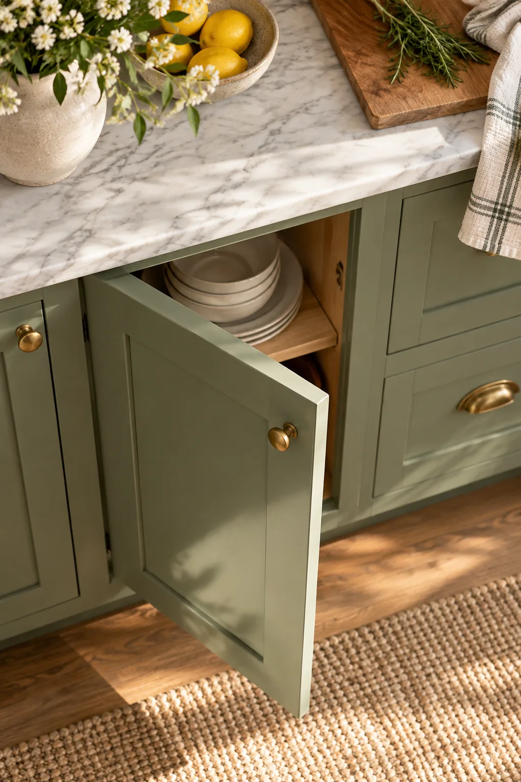 Close-up of a sage green cabinet door edge catching sunlight to show a smooth satin finish.