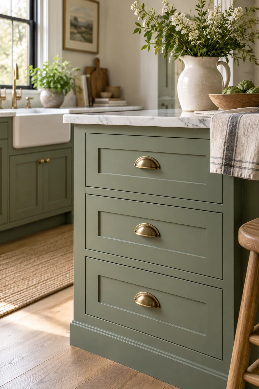 Three sage green kitchen drawers with perfectly centered aged brass cup pulls.