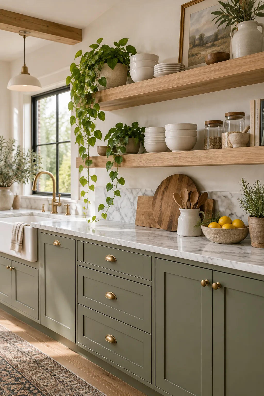 White oak floating shelves holding white ceramic bowls and plates against a creamy wall.