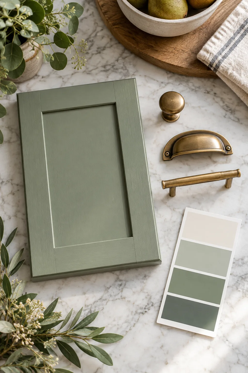 Flatlay of sage green paint swatches, brass hardware samples, and white oak on marble.