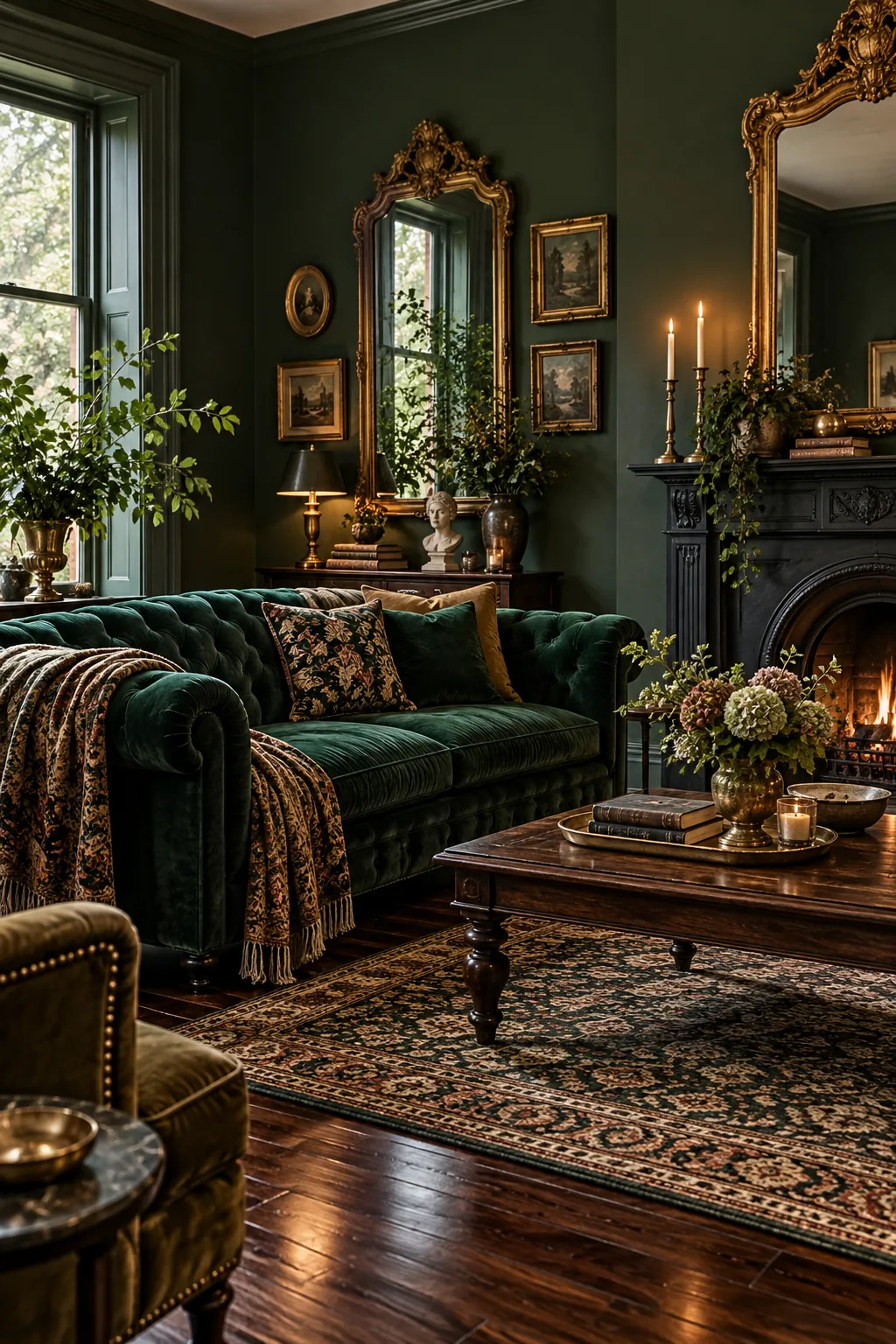 A Victorian living room with dark emerald walls, a velvet sofa, and gold mirrors.