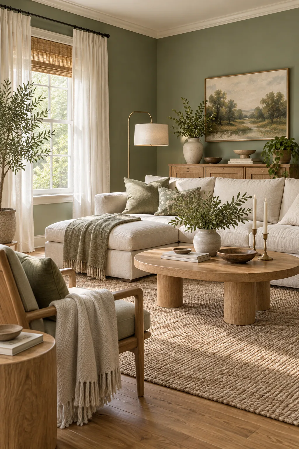 A modern organic living room with sage green walls, blonde wood, and white linen.