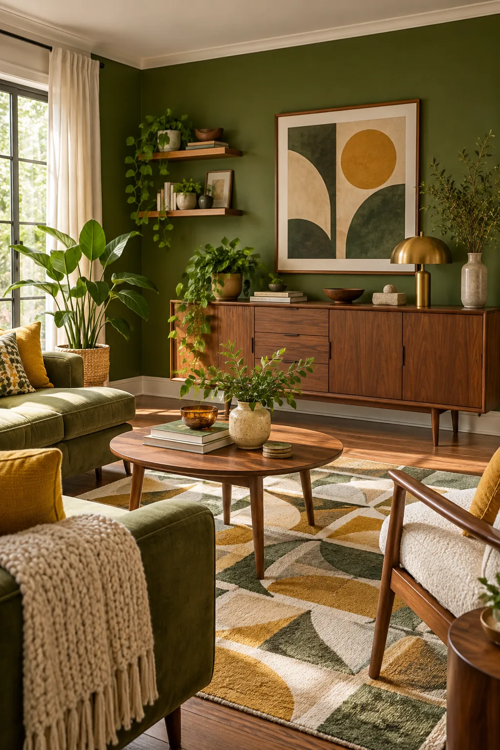 A mid-century living room with a moss green wall, walnut credenza, and geometric rug.