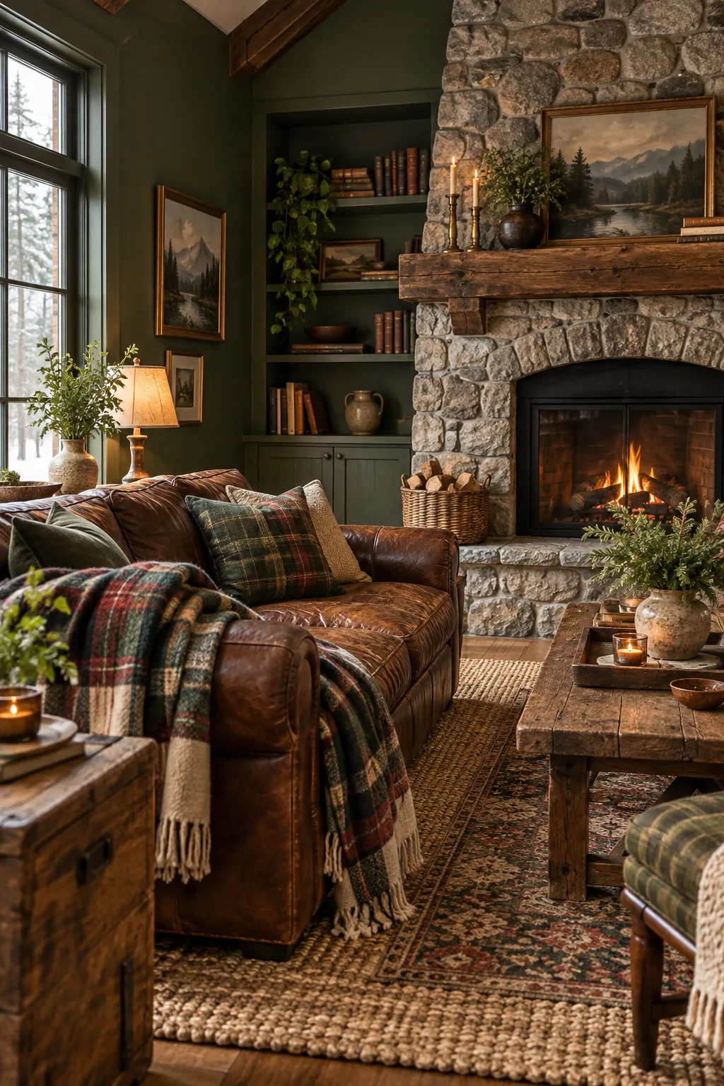 A rustic living room with hunter green walls, a stone fireplace, and a distressed leather sofa.