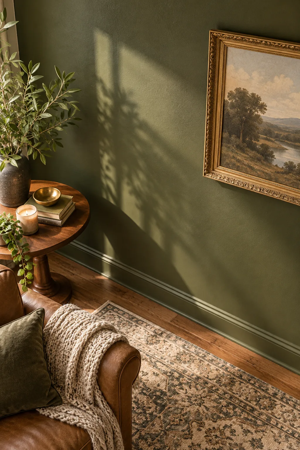 A wide view of a living room corner painted in deep olive green, featuring a wooden side table.