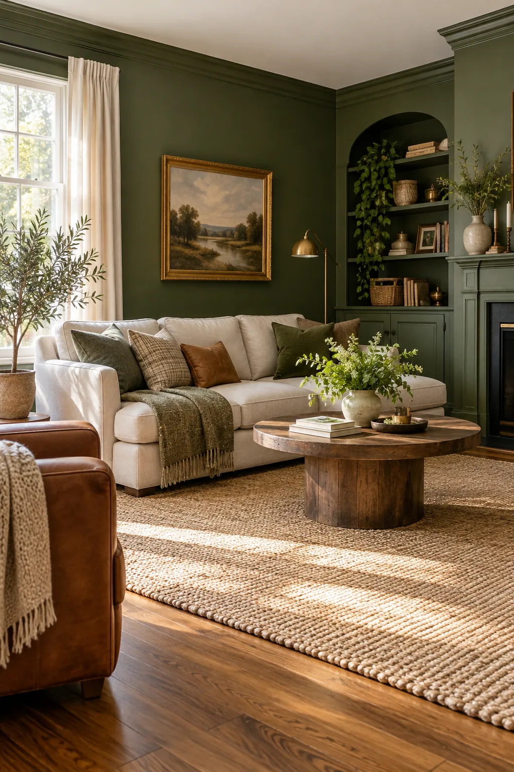 Close-up of window light hitting an olive green wall, revealing a soft satin sheen next to framed art.