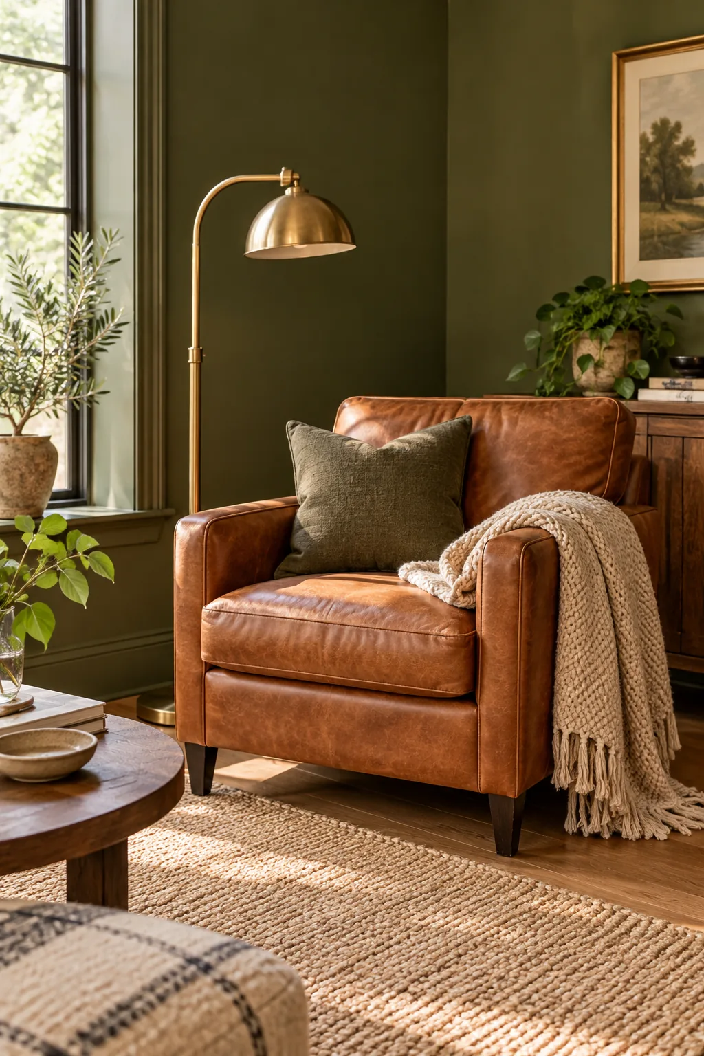 Floor-level view of an olive green wall and matching painted baseboard beside a textured rug.