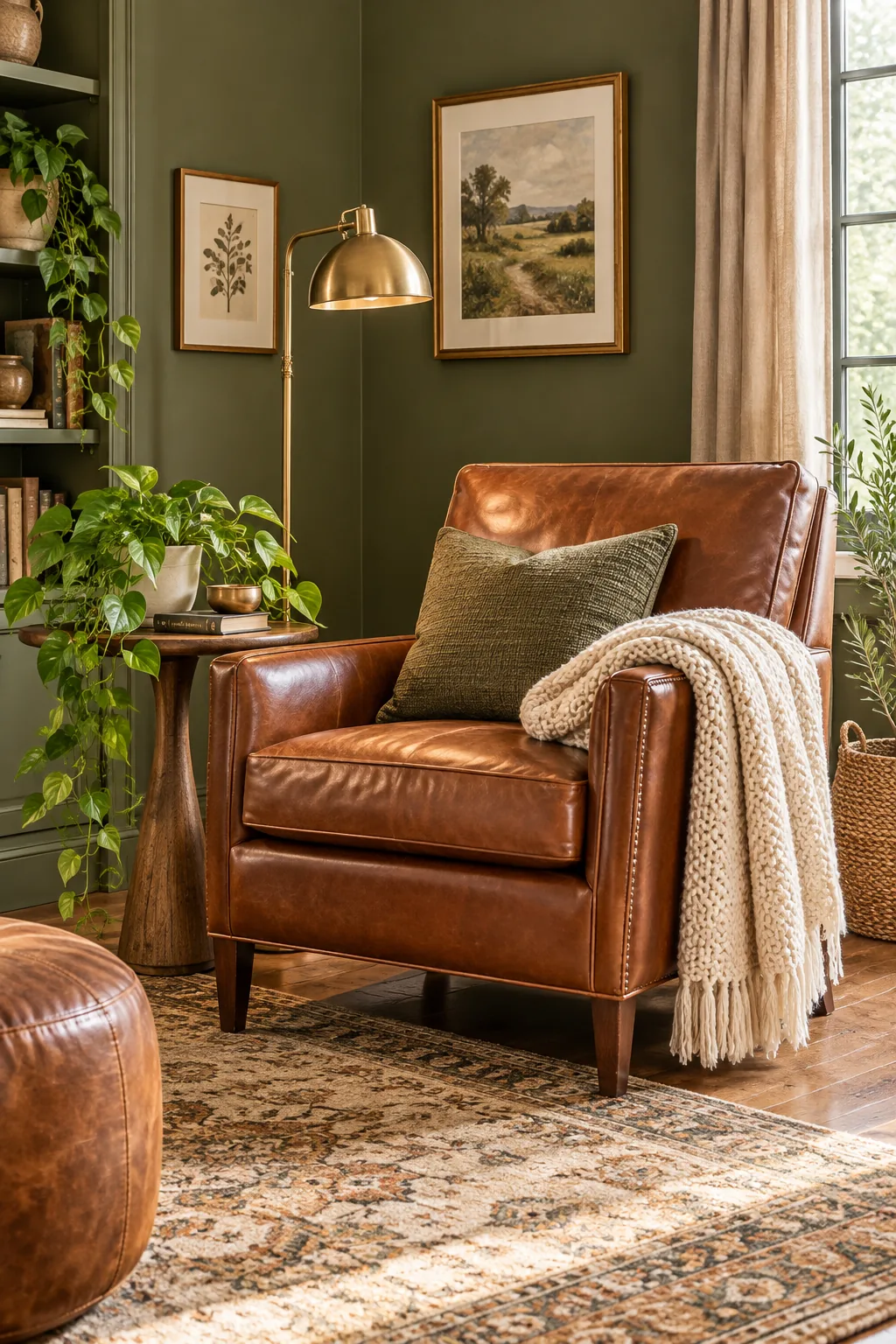An elevated view of a cognac leather armchair with a knit throw against a green wall.